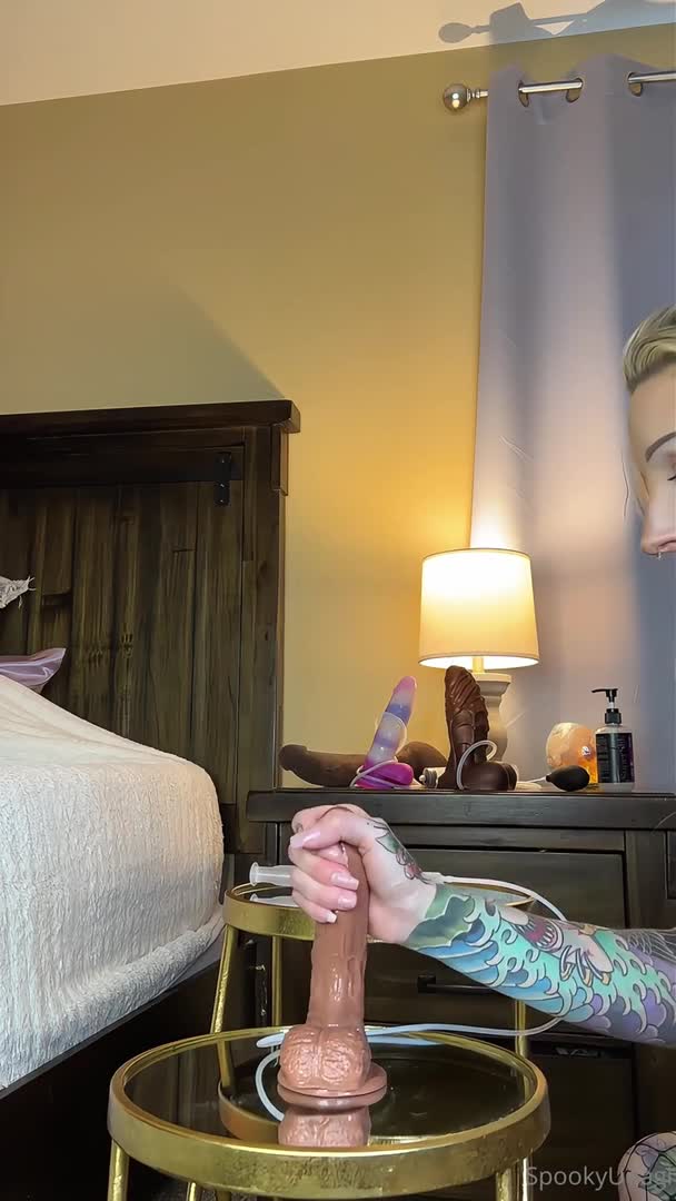 SpookyUnagi Rides Her Dildo In Fishnets - Masturbation, Dildo, Blonde, Blonde Masturbation, Tattoos, Fake Tits