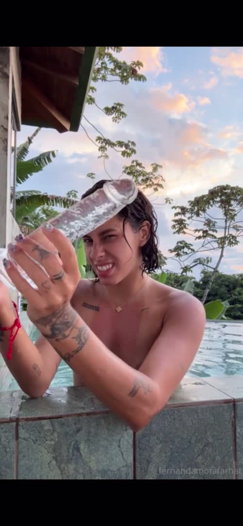 Fernanda Mota Farhat's Infinity Pool Dildo Ride - Masturbation - Outdoor - Solo - Latina - Dildo - Glass Dildo - Naked Latina - Latina Pussy - Nudist - Solo Dildo
